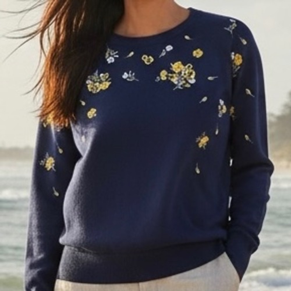 Loft Navy Blue Floral Embroidered Cotton Crew Neck‎ Sweater XL Lightweight Layer